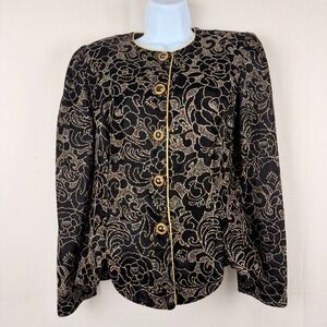 R&K Evening Vintage Black Floral Glitter Velvet Blazer Jacket Gold Trim Sz 10